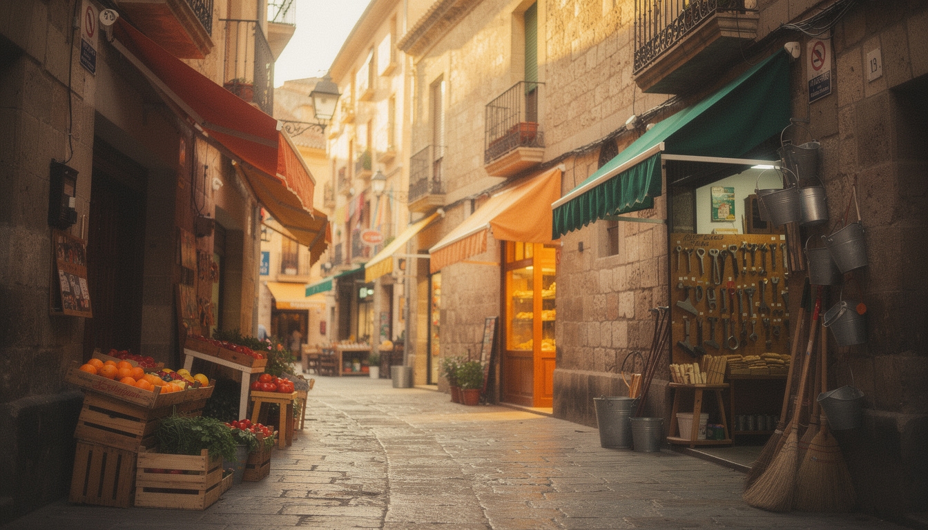 Calle comercial de barrio en Barcelona con tiendas tradicionales
