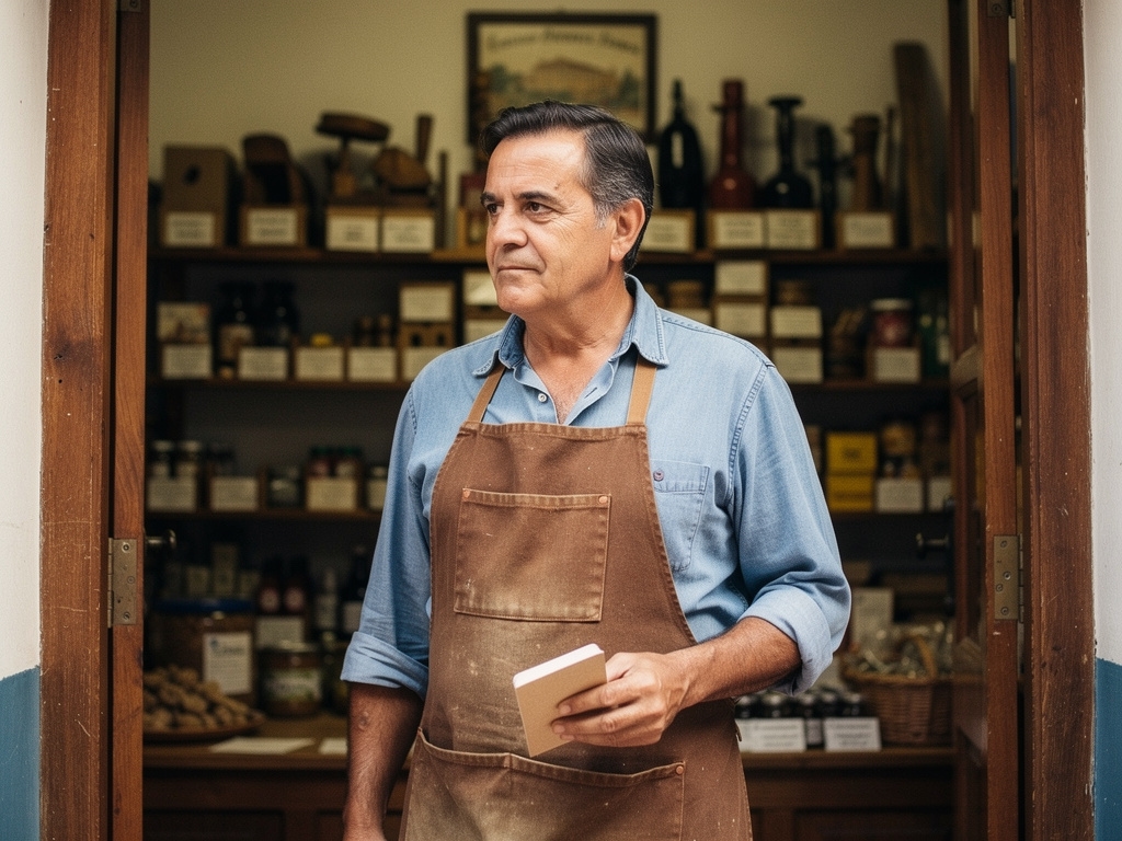 Comerciante de mediana edad reflexionando frente a su tienda de barrio española
