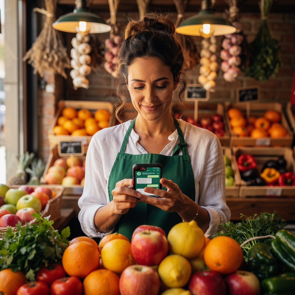 Propietaria de frutería en Malasaña usando el móvil para gestionar pedidos por WhatsApp