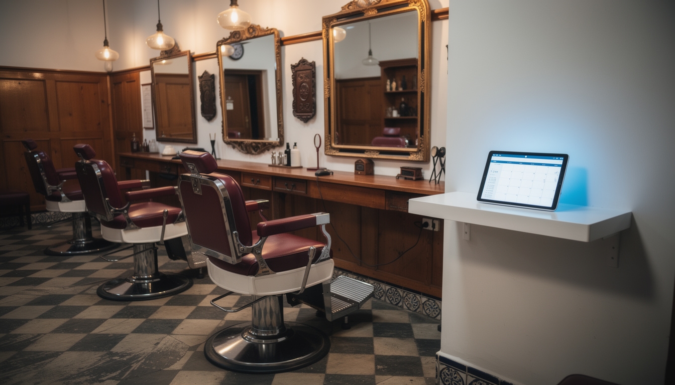Interior de peluquería de barrio con tablet mostrando sistema de reservas online